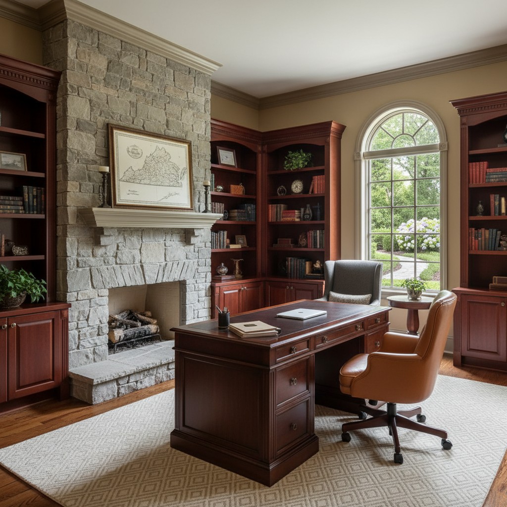 A cozy home office with a fireplace, bookshelves, desk, and window featuring a view of a patio with bushes and trees.