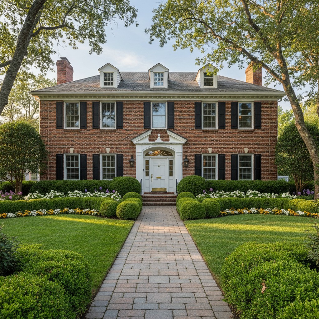 A large, two-story brick house with a well-manicured lawn and garden.