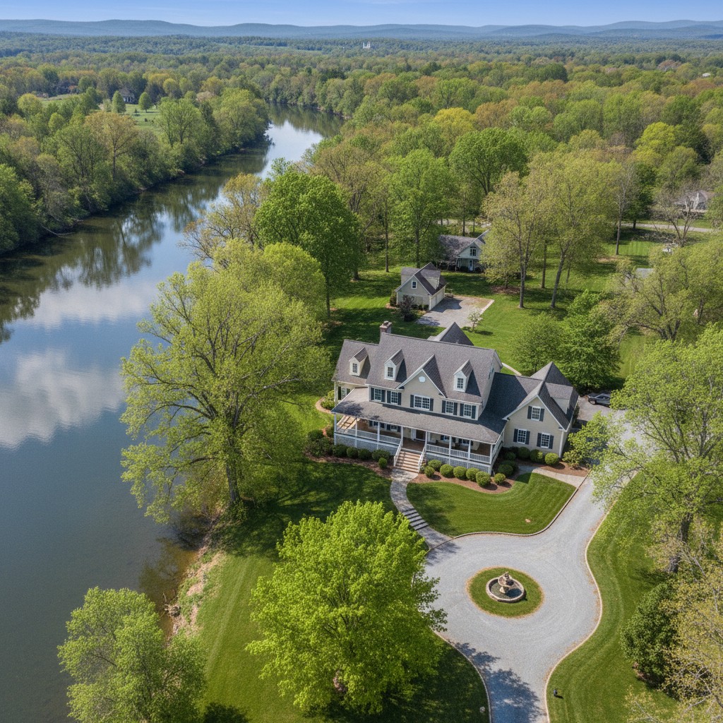 An aerial view of a large house and a wide river in a forested area. The house features a wraparound porch with white rail...