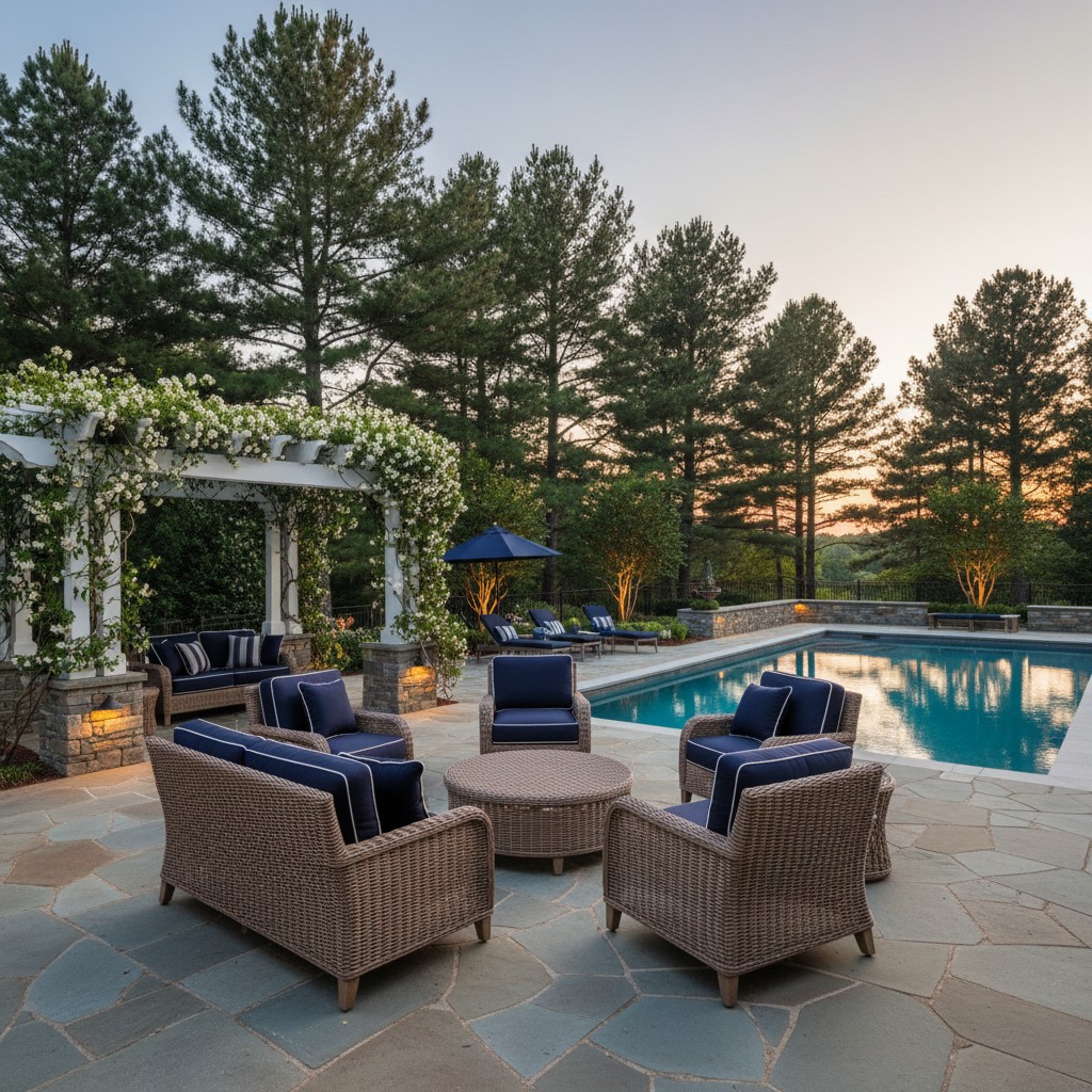 A serene outdoor setting with a pool and comfortable seating area.