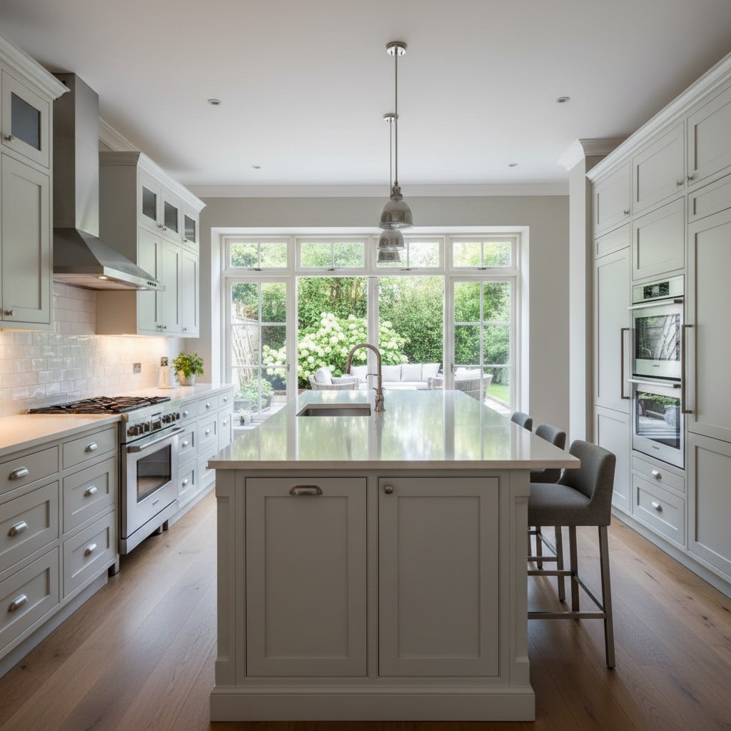 A modern kitchen with white cabinets and countertops, featuring a white island, pendant light, oven, stove, sink, seating ...